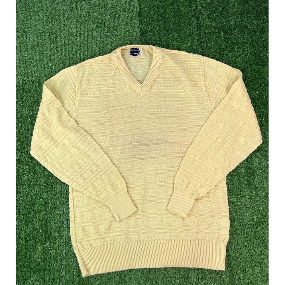 Vintage Givenchy for Chesa Mens Yellow Durene Cotton V-Neck Textured Sweater L